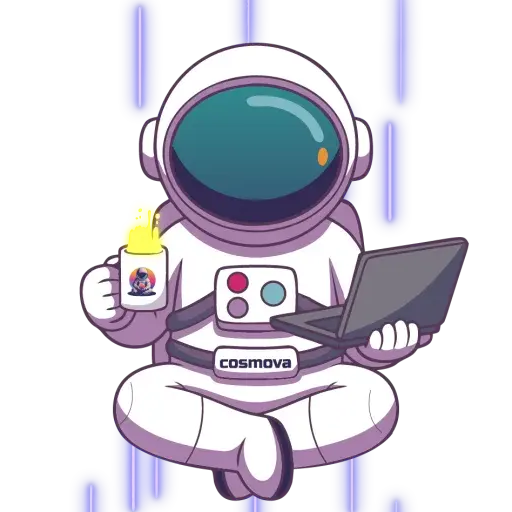 Orbit Mode - Cosmova astronaut holding cosmova mug and laptop in deep focus flow state mode