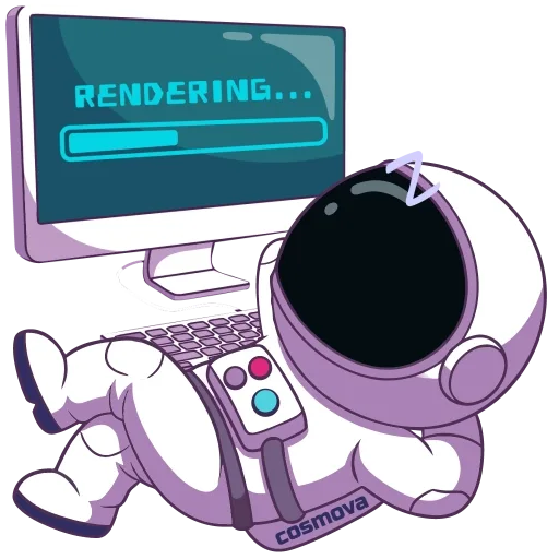Rendering - Cosmova astronaut asleep beside a screen showing a rendering progress bar
