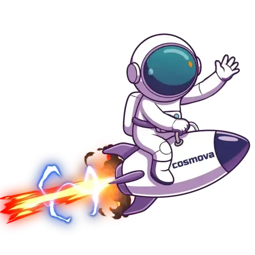 Fly by - Cosmova astronaut on a rocket waving and flying off